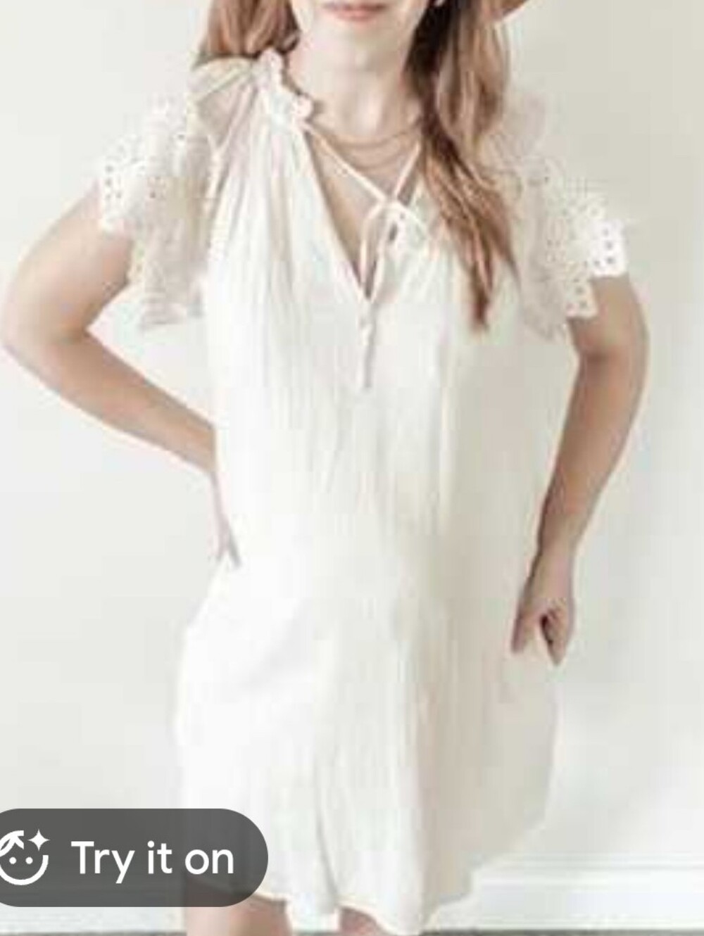 Who What Wear Cream Tie-Front Mini Dress with Eyelet Sleeves/Size Large